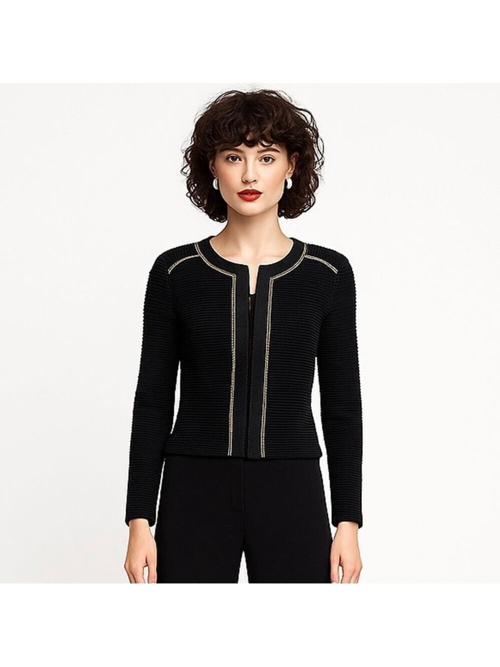 Maje Black Ribbed Zip-Front Cardigan with Gold Trim